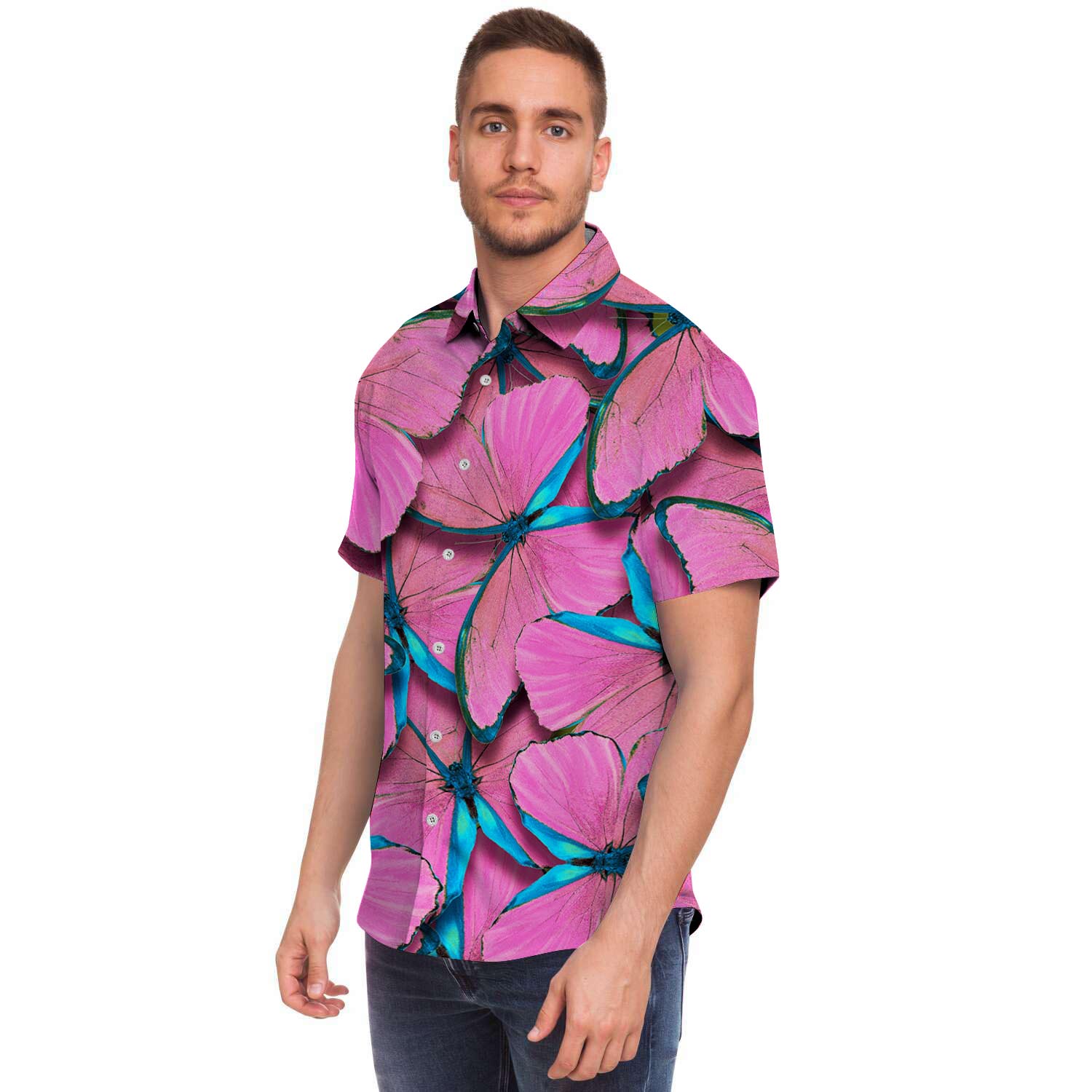 Pink And Blue Butterfly Print Men's Short Sleeve Shirt-grizzshop