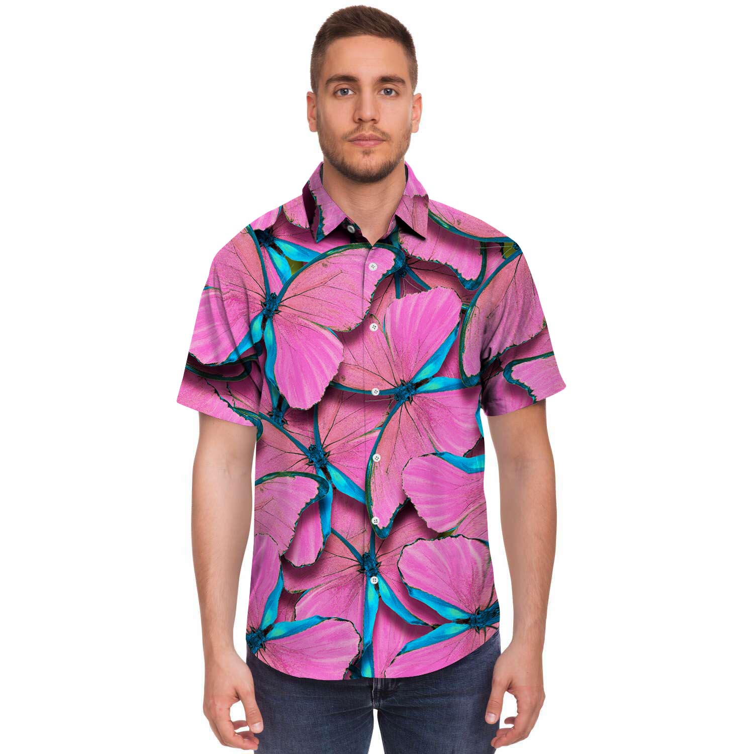 Pink And Blue Butterfly Print Men's Short Sleeve Shirt-grizzshop
