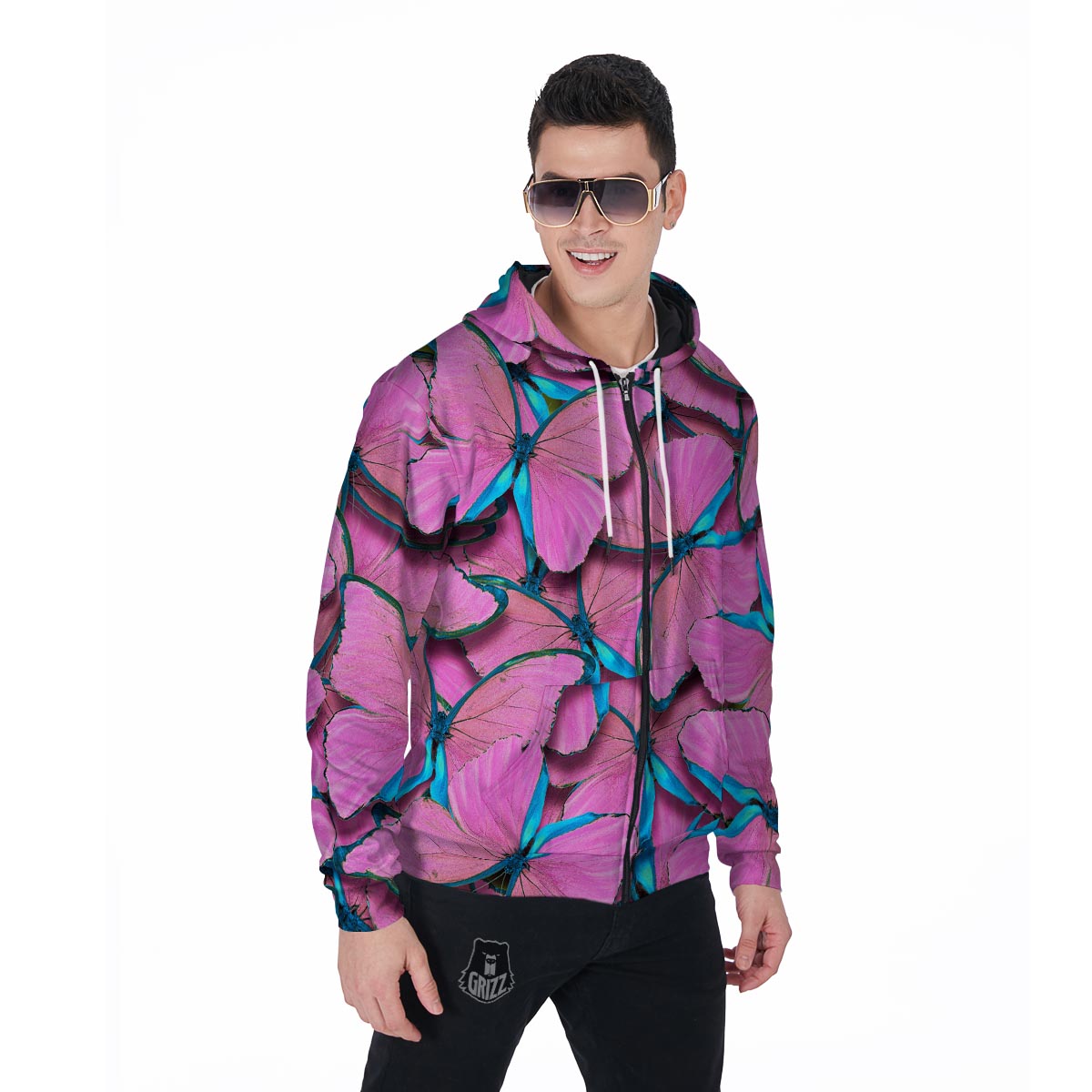 Pink And Blue Butterfly Print Men's Zip Up Hoodie-grizzshop