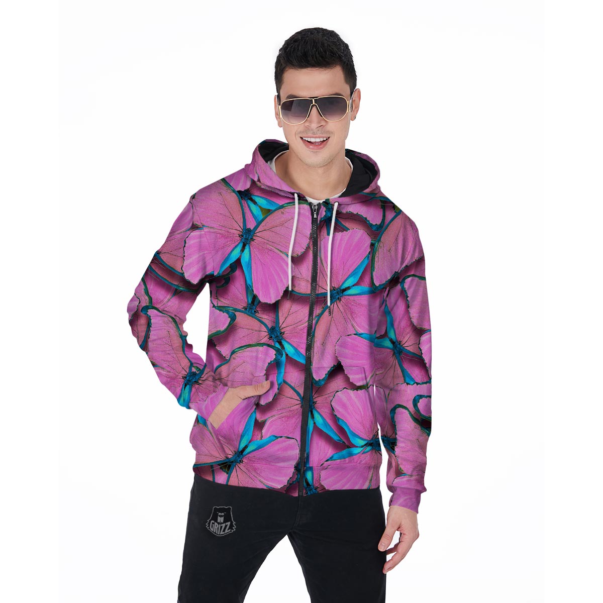 Pink And Blue Butterfly Print Men's Zip Up Hoodie-grizzshop