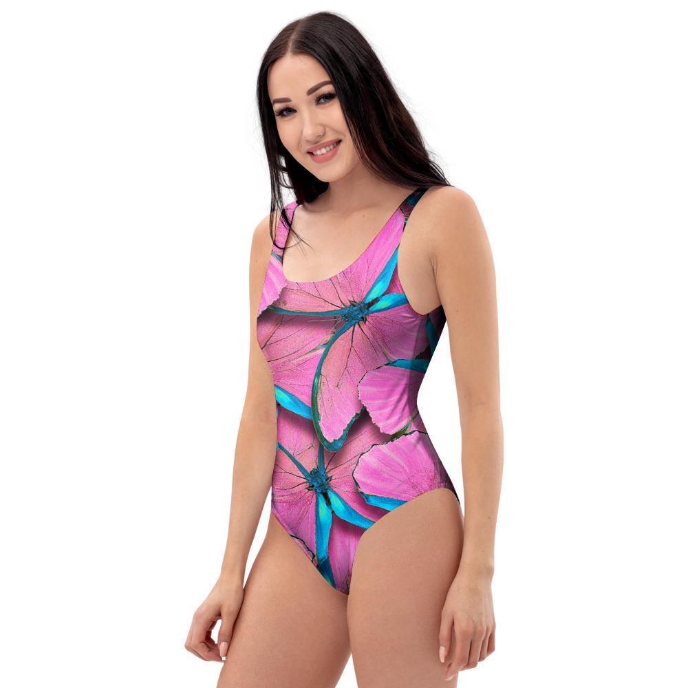 Pink And Blue Butterfly Print One Piece Swimsuite-grizzshop