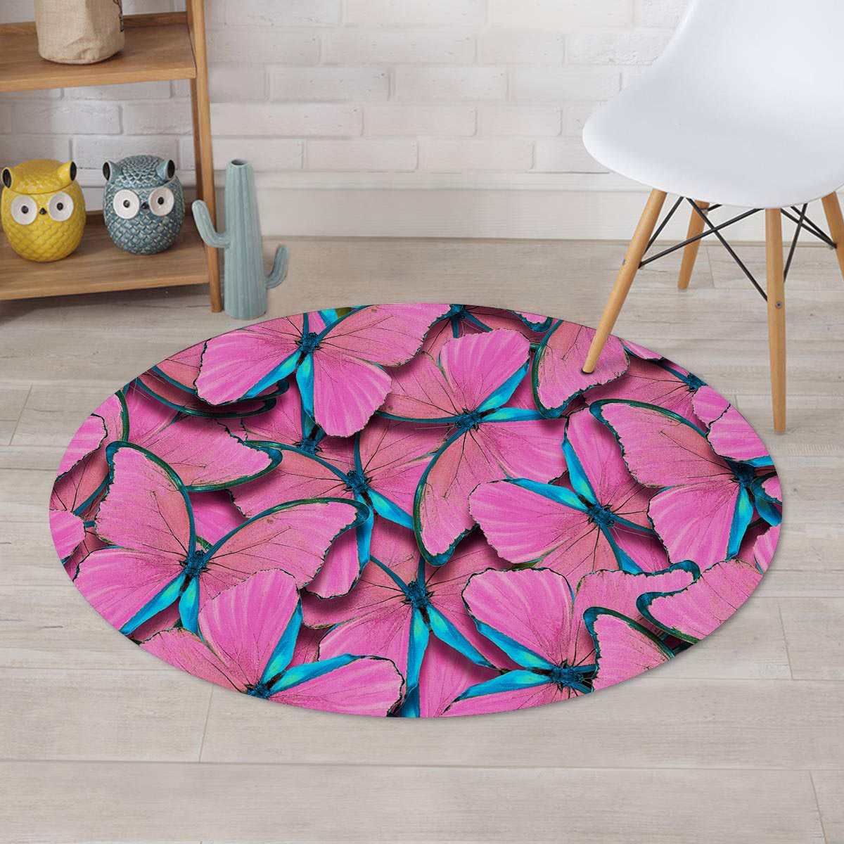 Pink And Blue Butterfly Print Round Rug-grizzshop