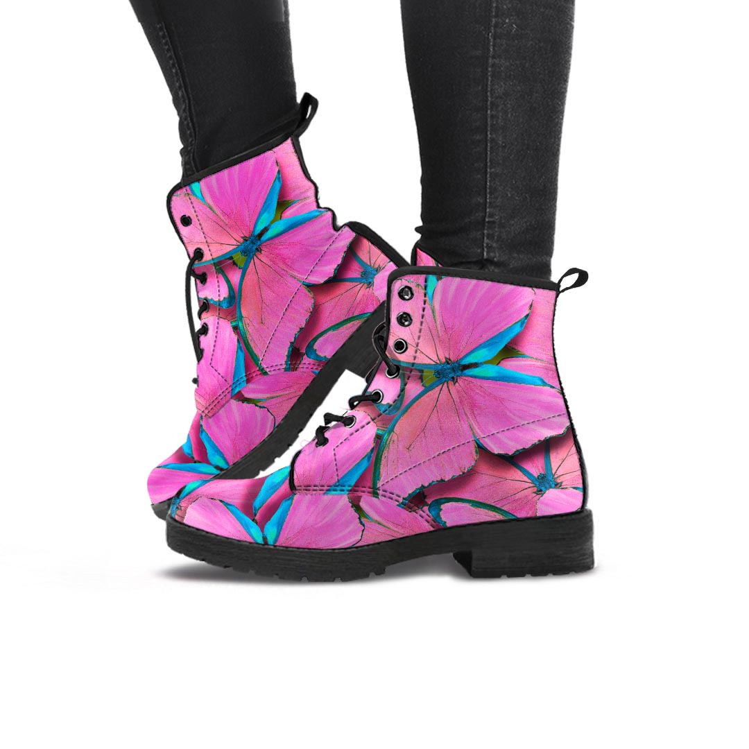 Pink And Blue Butterfly Print Women's Boots-grizzshop