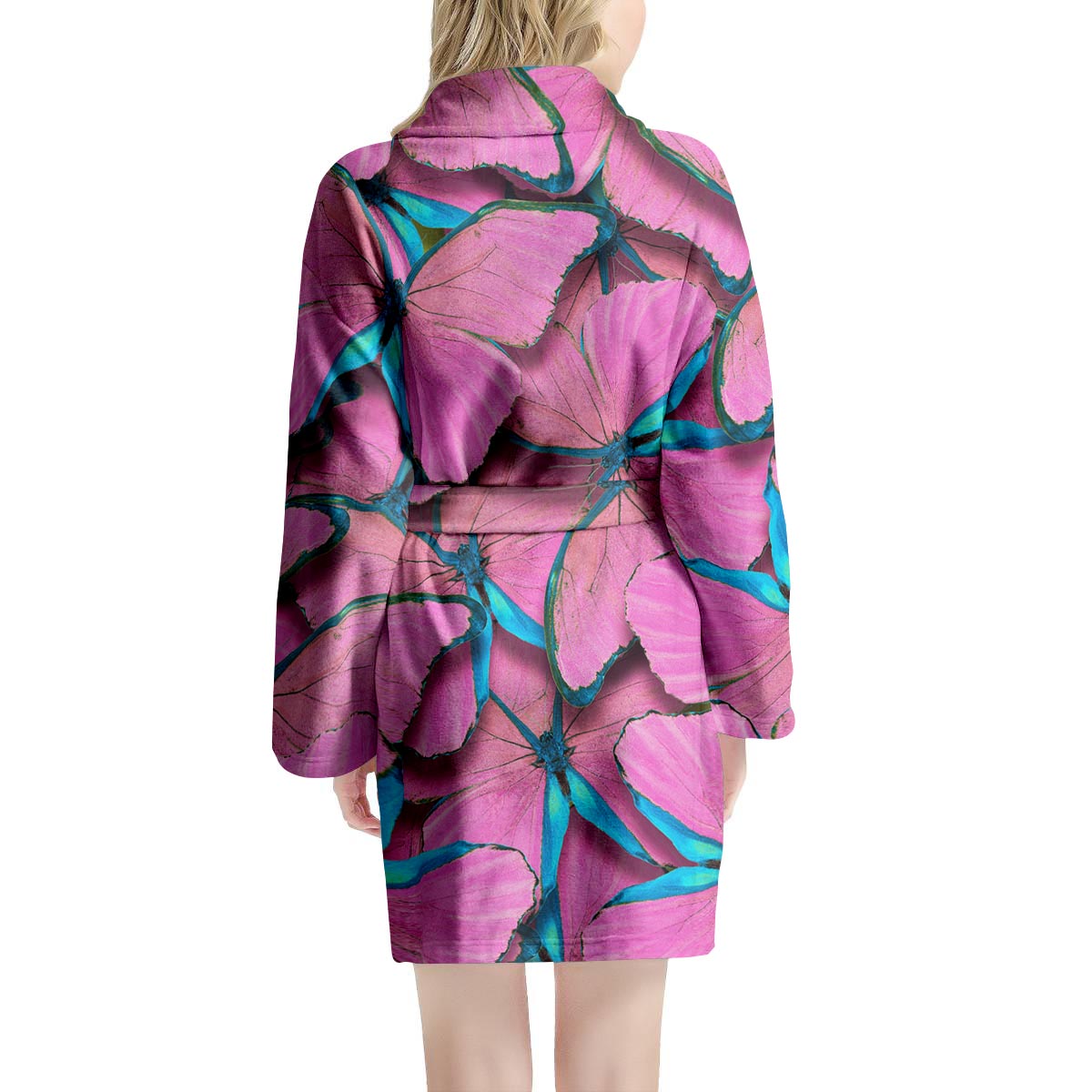 Pink And Blue Butterfly Print Women's Robe-grizzshop