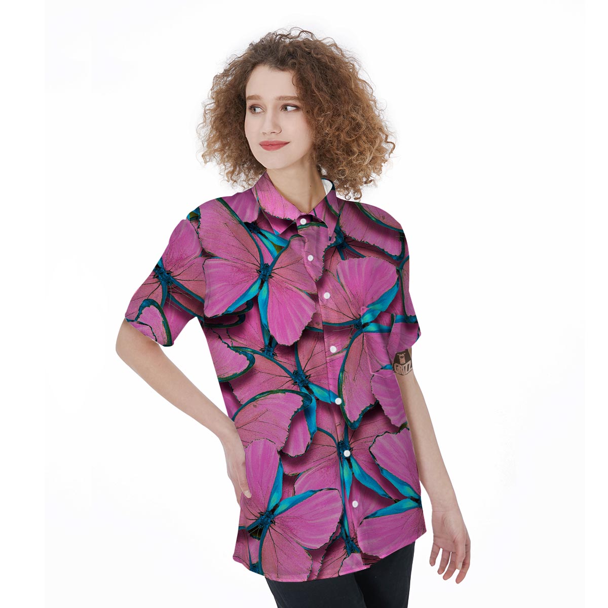 Pink And Blue Butterfly Print Women's Short Sleeve Shirts-grizzshop