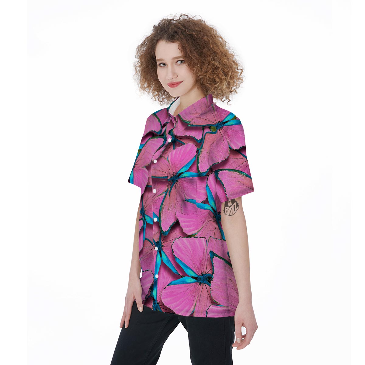 Pink And Blue Butterfly Print Women's Short Sleeve Shirts-grizzshop
