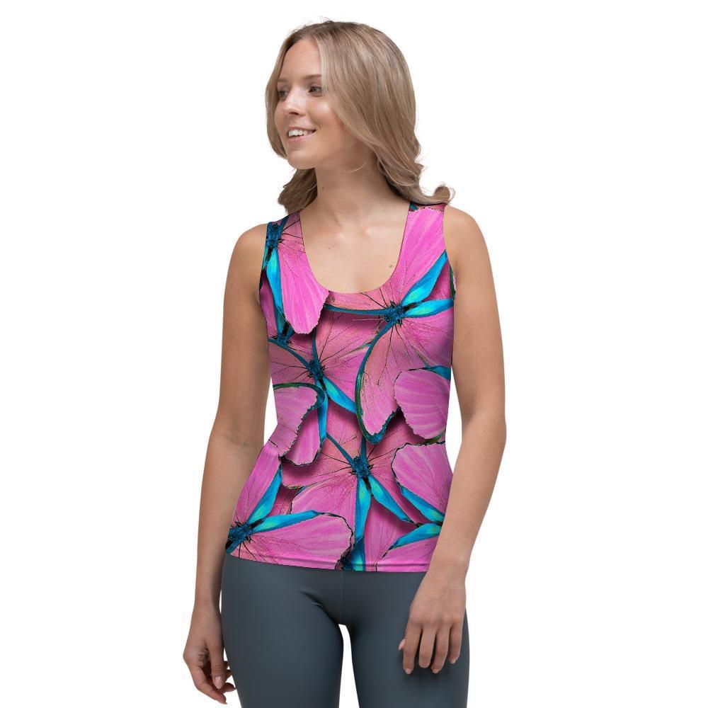 Pink And Blue Butterfly Print Women's Tank Top-grizzshop