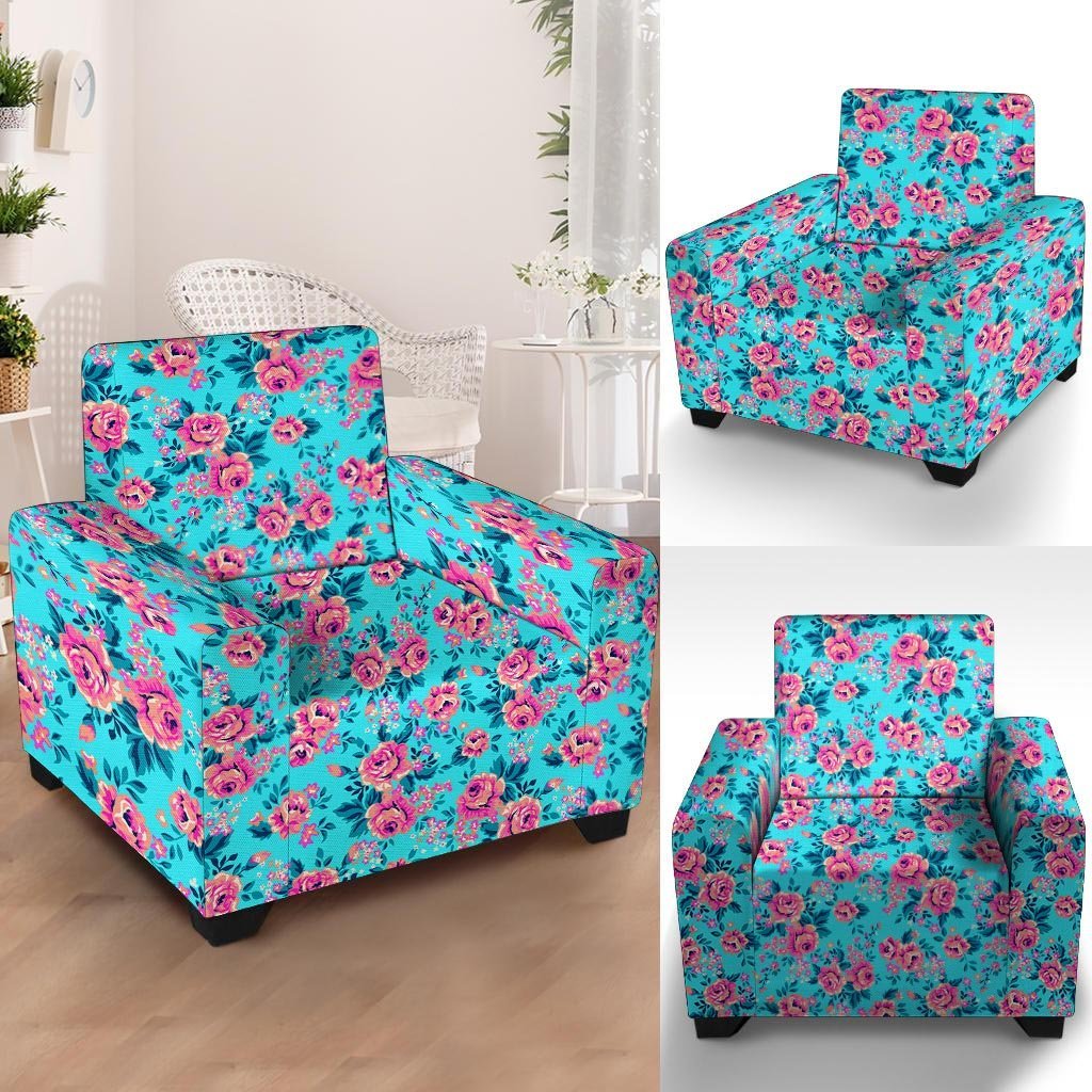 Pink And Blue Rose Floral Armchair Cover-grizzshop