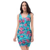 Pink And Blue Rose Floral Bodycon Dress-grizzshop