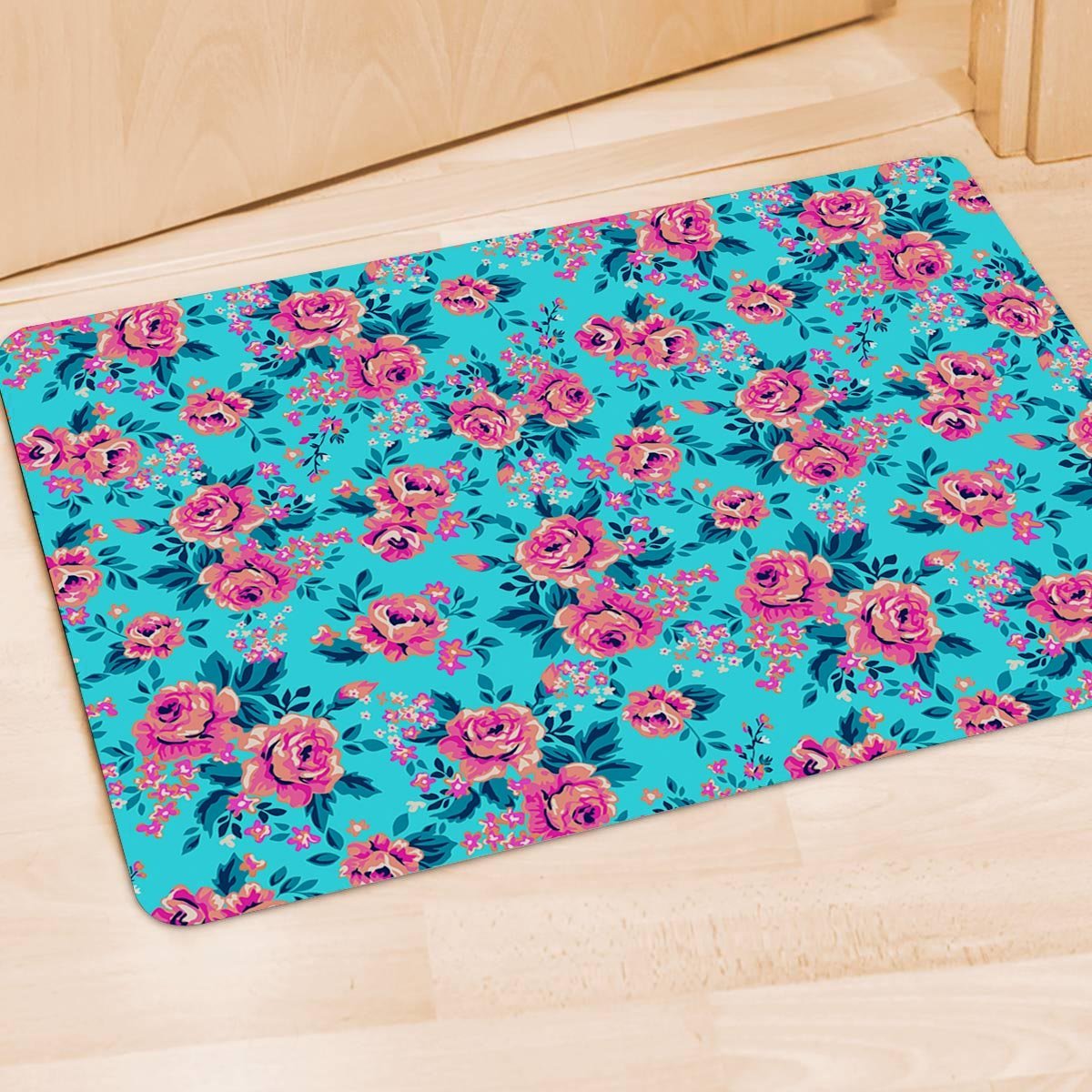Pink And Blue Rose Floral Door Mat-grizzshop