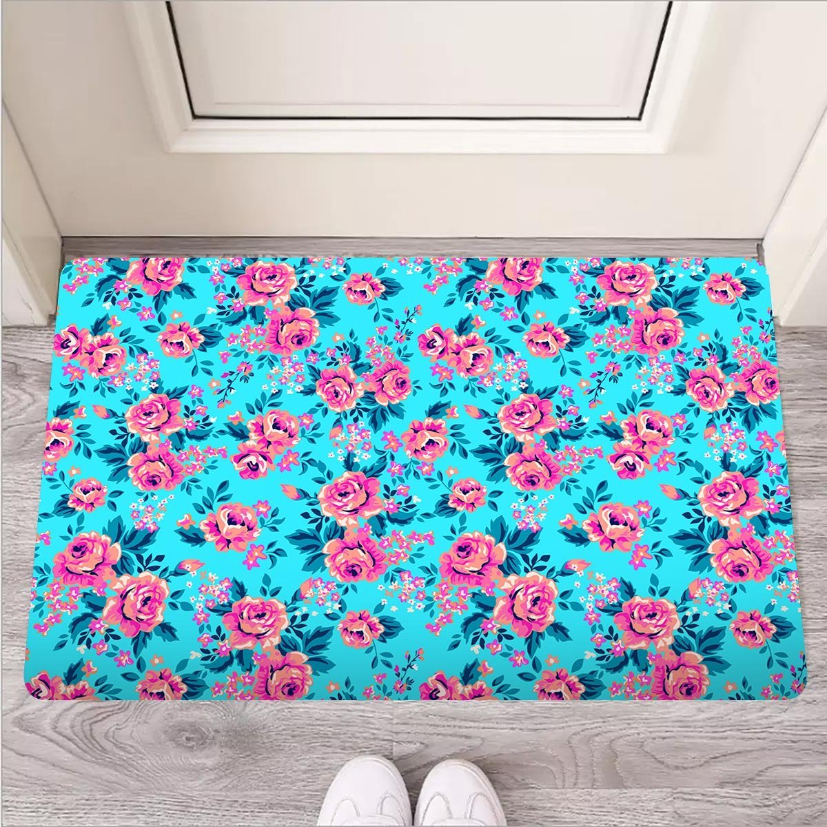 Pink And Blue Rose Floral Door Mat-grizzshop