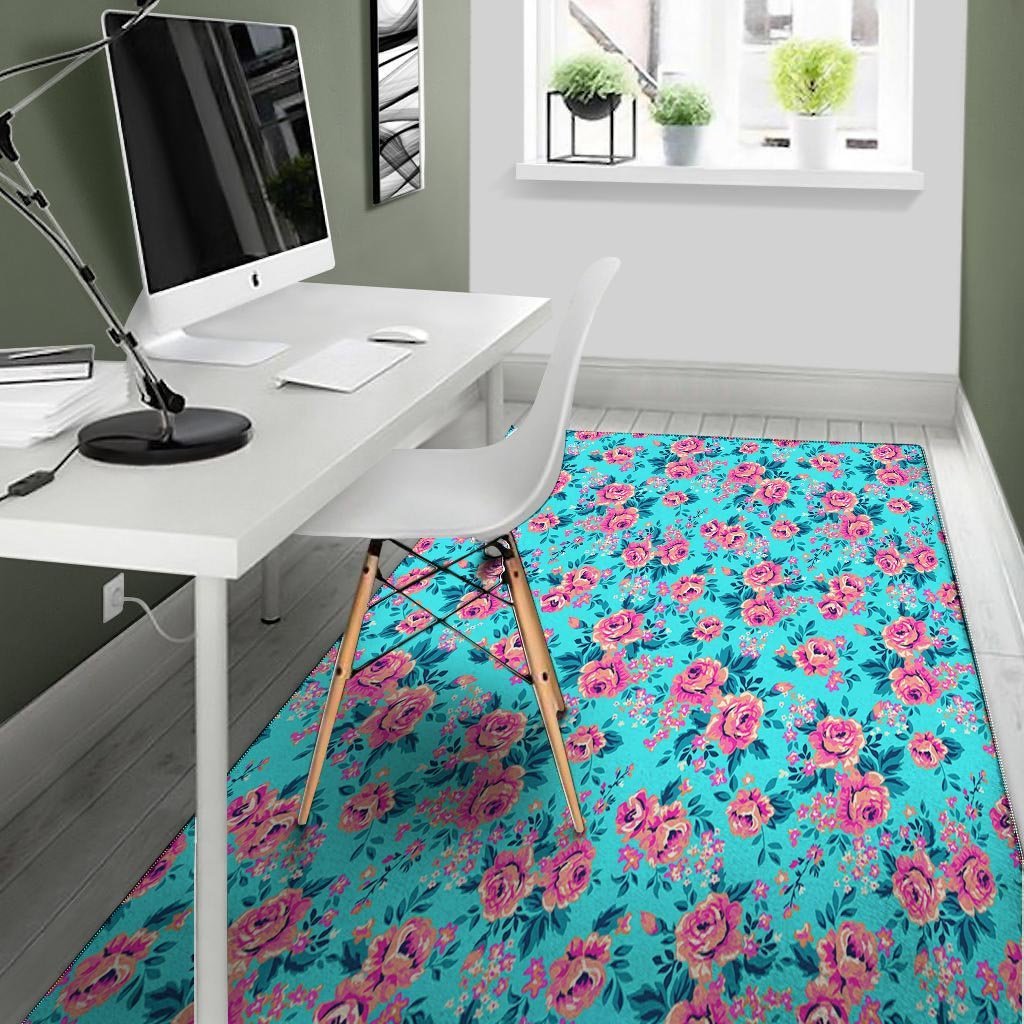 Pink And Blue Rose Floral Floor Mat-grizzshop