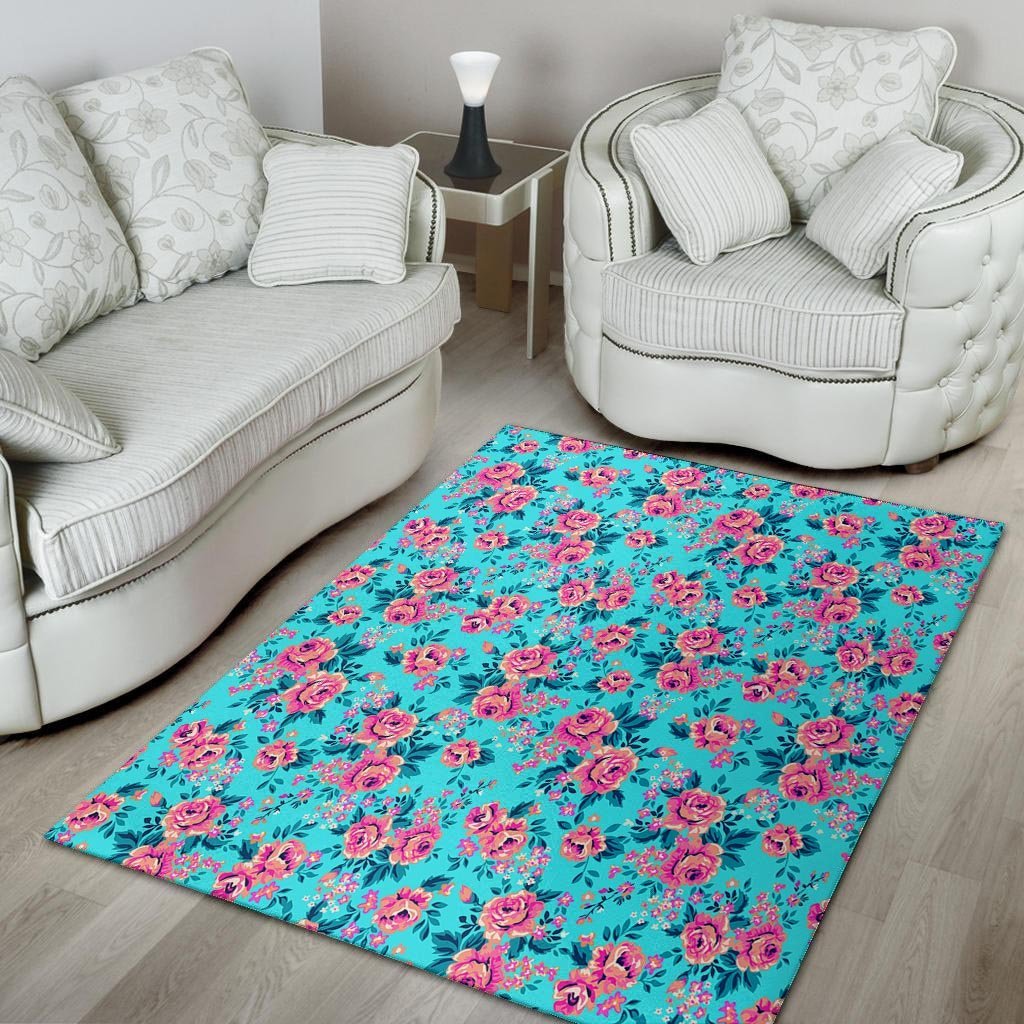 Pink And Blue Rose Floral Floor Mat-grizzshop