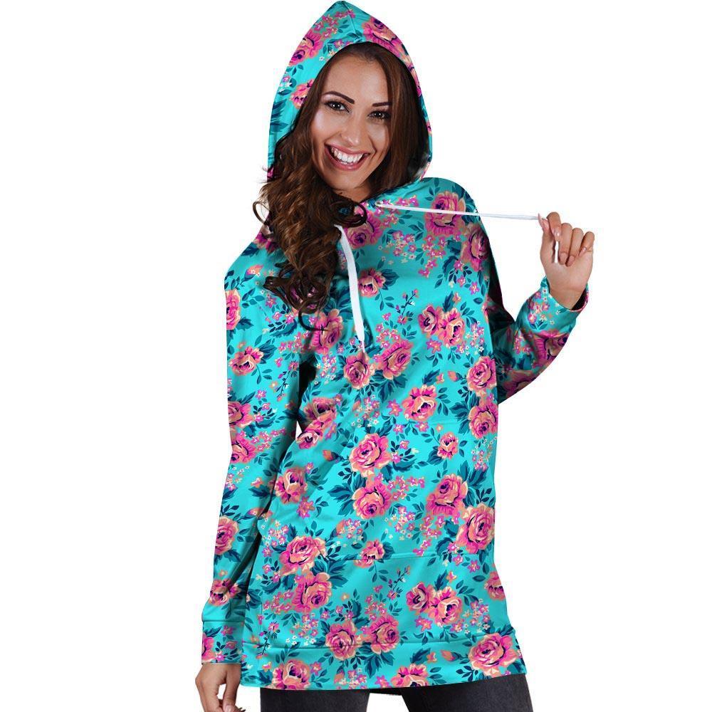 Pink And Blue Rose Floral Hoodie Dress-grizzshop