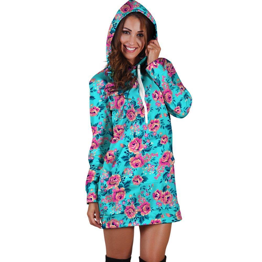 Pink And Blue Rose Floral Hoodie Dress-grizzshop