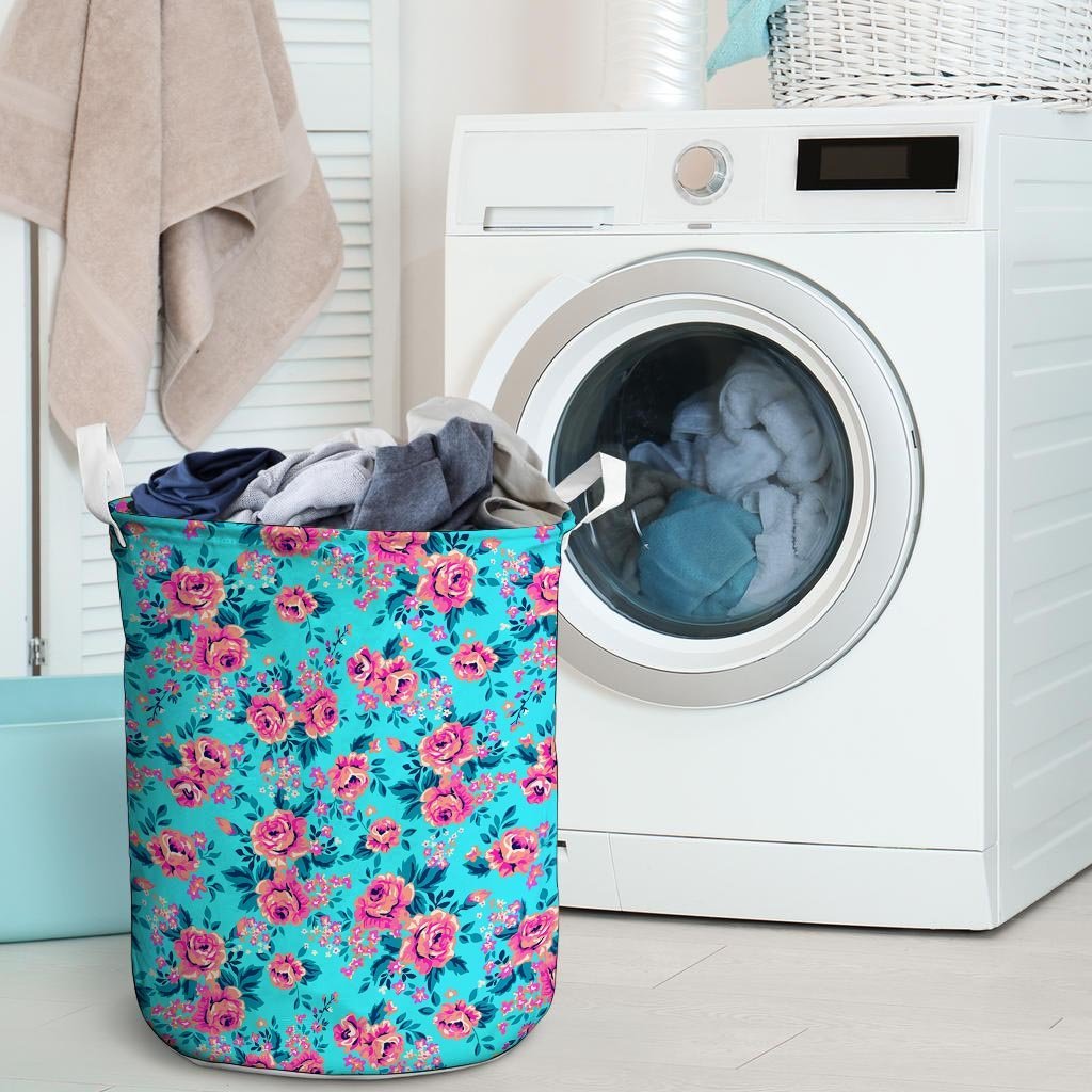 Pink And Blue Rose Floral Laundry Basket-grizzshop