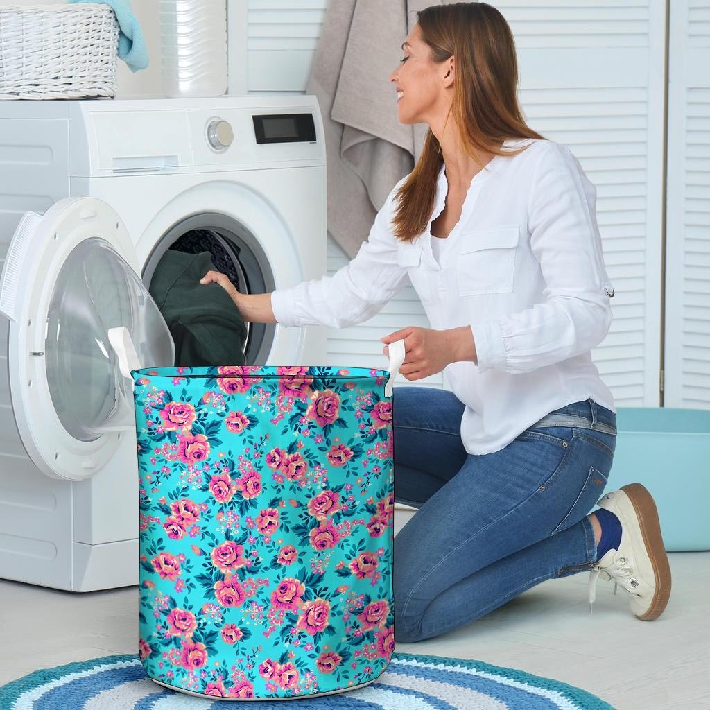 Pink And Blue Rose Floral Laundry Basket-grizzshop