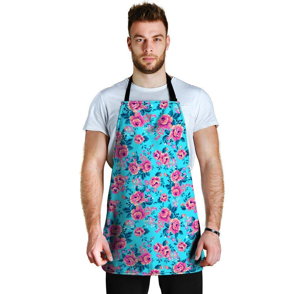 Pink And Blue Rose Floral Men's Apron-grizzshop