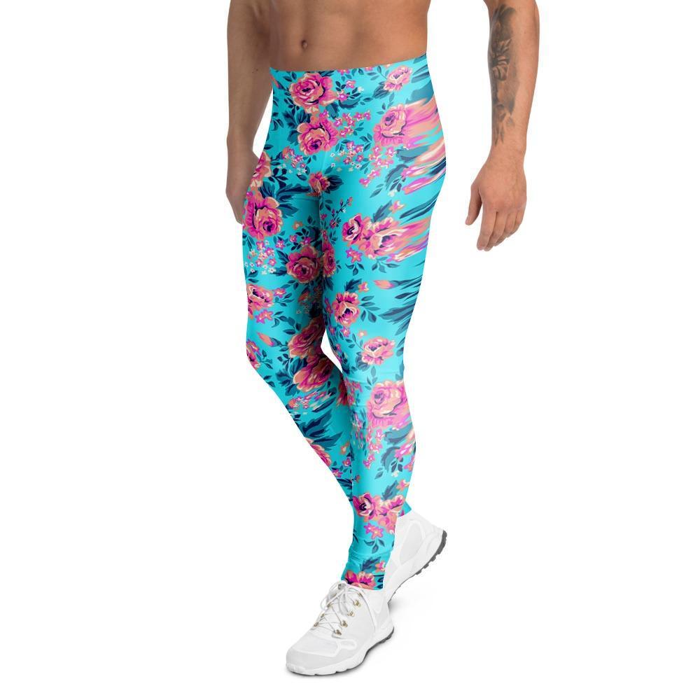 Pink And Blue Rose Floral Men's Leggings-grizzshop