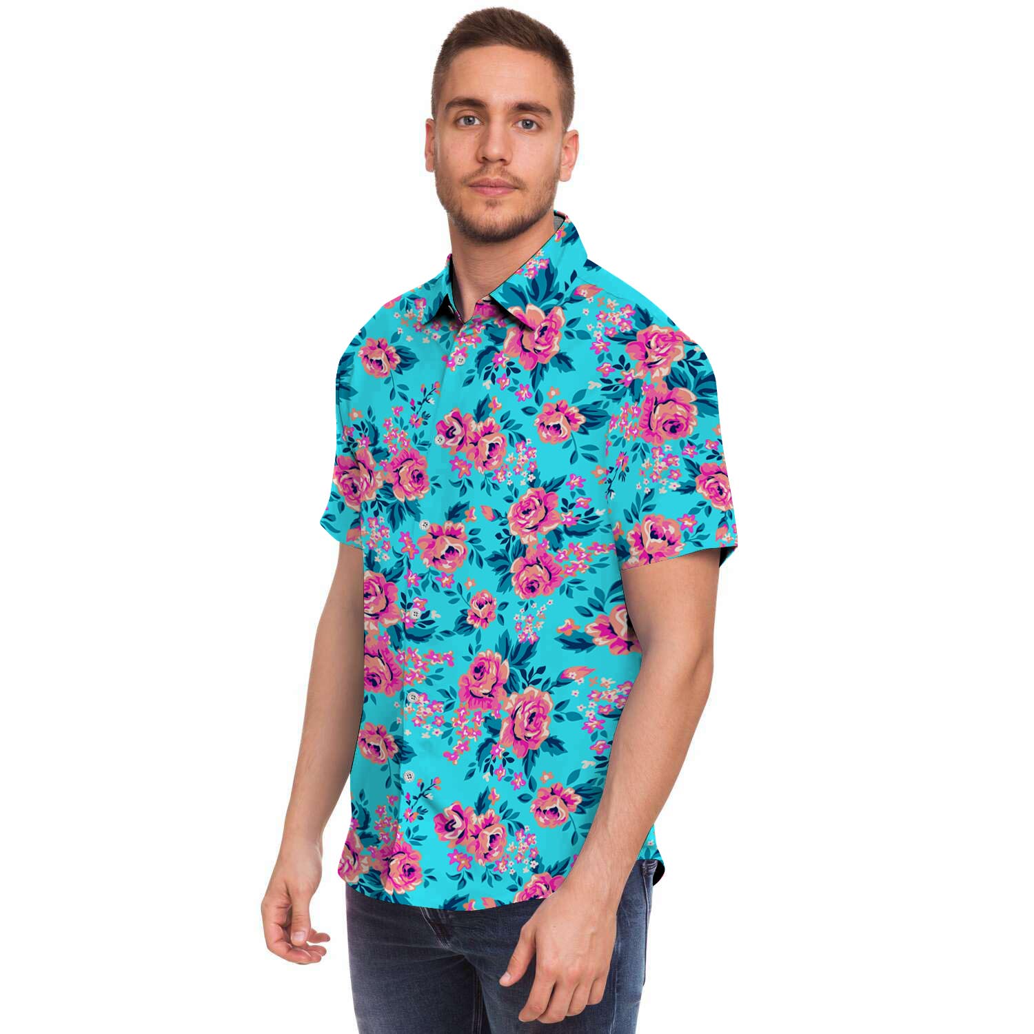 Pink And Blue Rose Floral Men's Short Sleeve Shirt-grizzshop