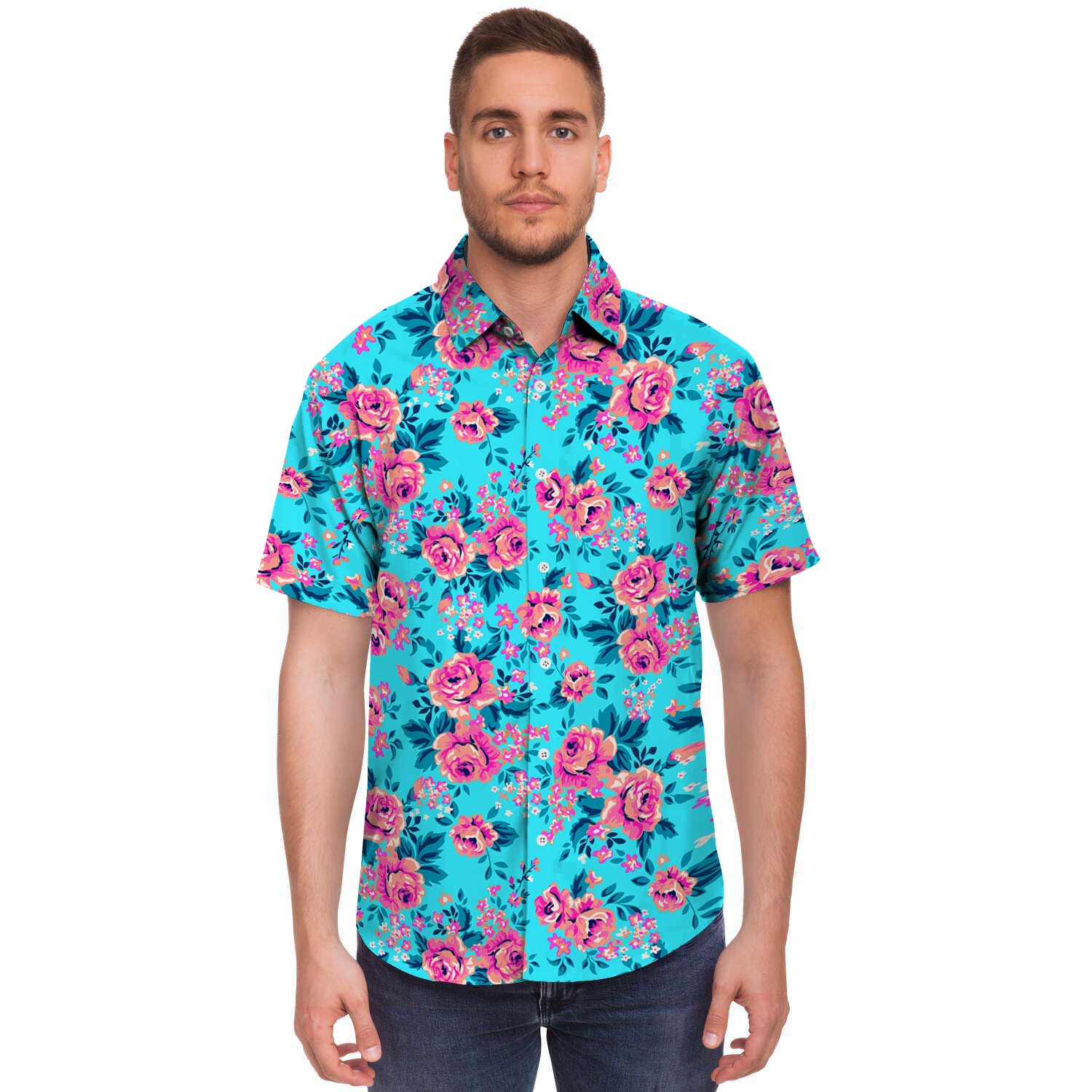 Pink And Blue Rose Floral Men's Short Sleeve Shirt-grizzshop