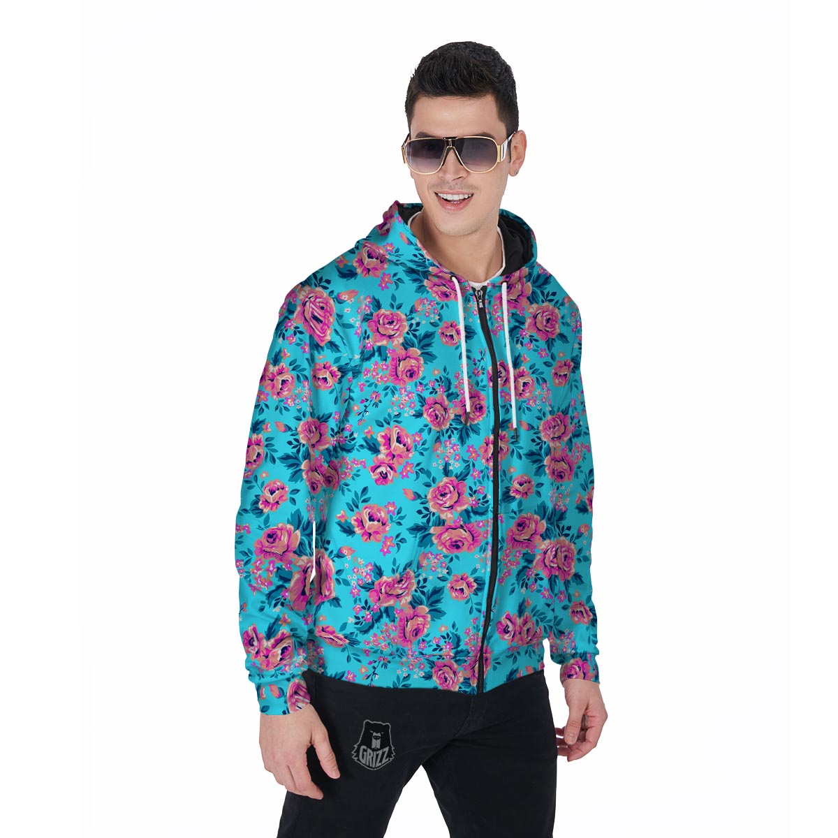 Pink And Blue Rose Floral Men's Zip Up Hoodie-grizzshop