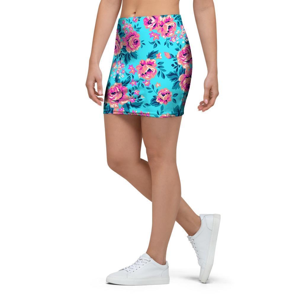 Pink And Blue Rose Floral Mini Skirt-grizzshop