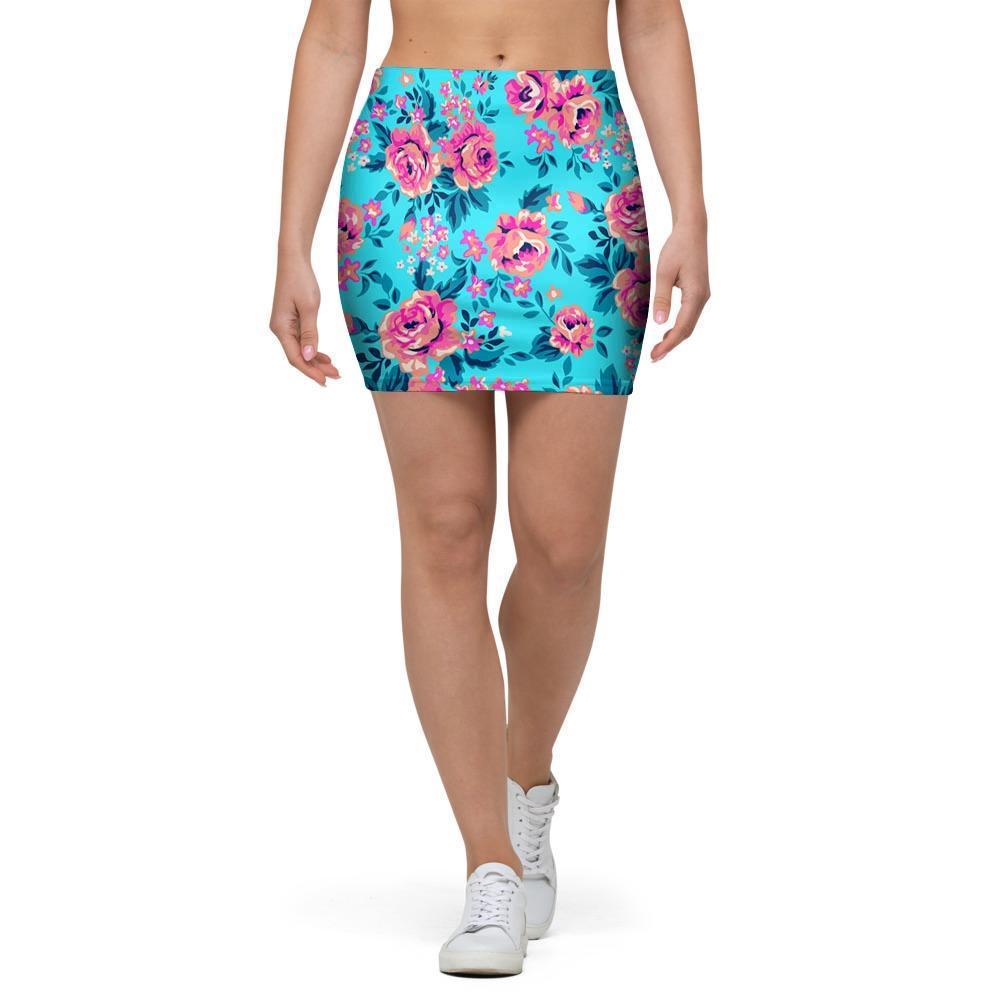 Pink And Blue Rose Floral Mini Skirt-grizzshop