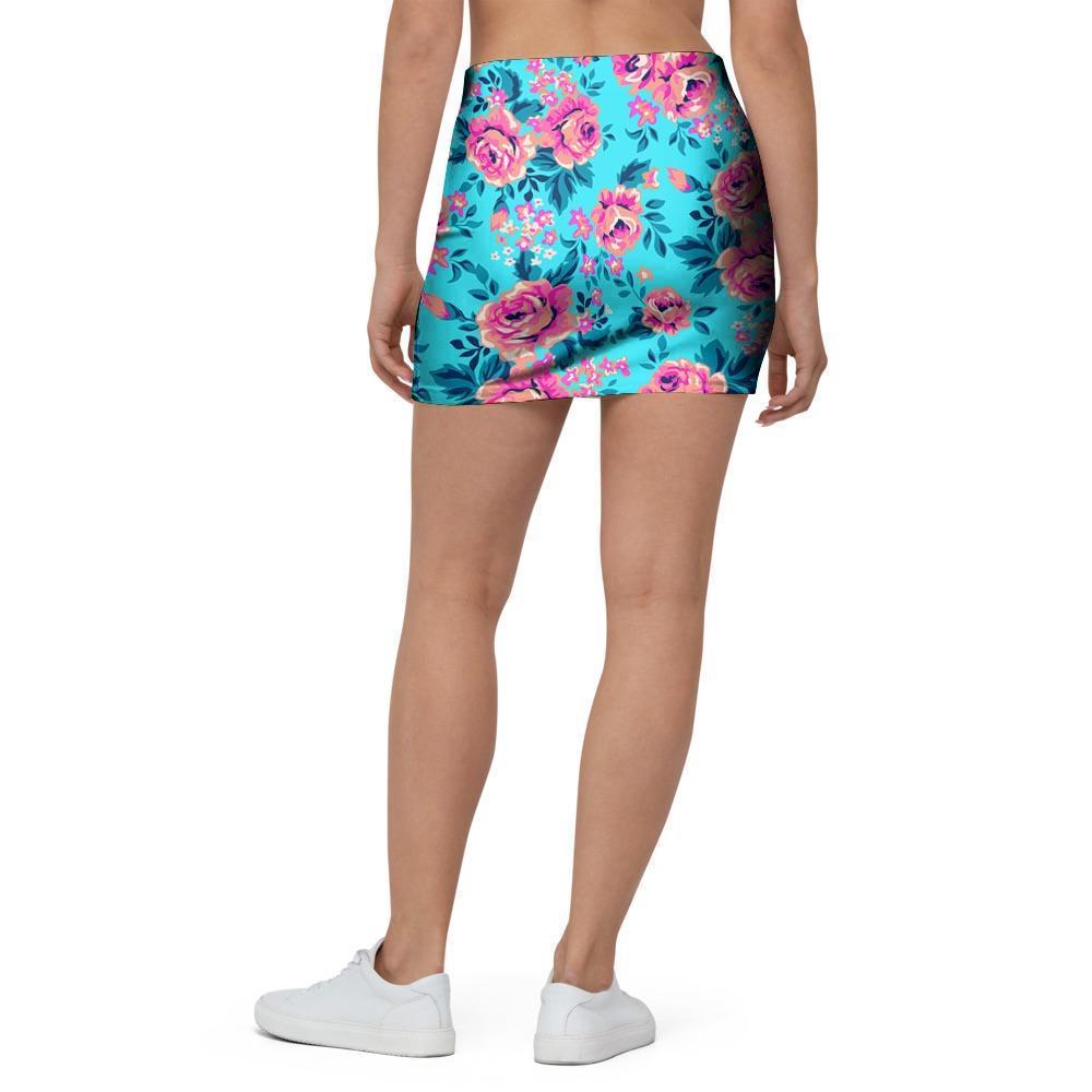 Pink And Blue Rose Floral Mini Skirt-grizzshop