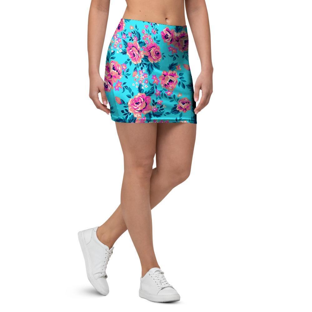 Pink And Blue Rose Floral Mini Skirt-grizzshop