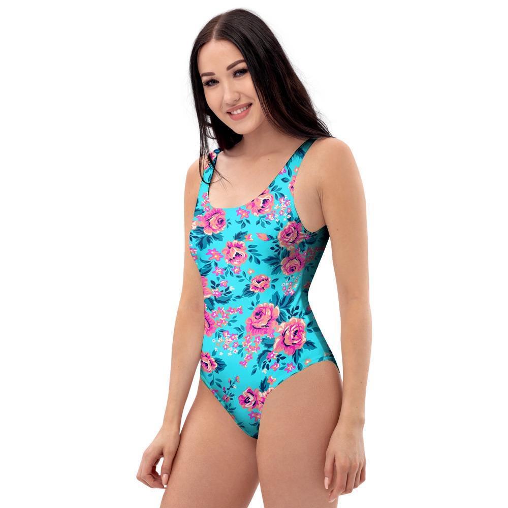 Pink And Blue Rose Floral One Piece Swimsuite-grizzshop
