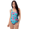 Pink And Blue Rose Floral One Piece Swimsuite-grizzshop