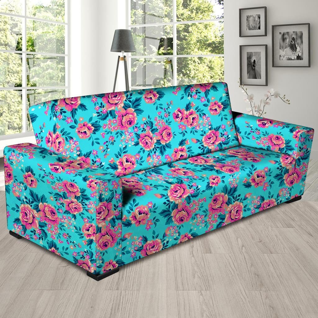 Pink And Blue Rose Floral Sofa Cover-grizzshop