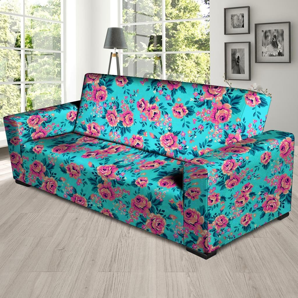 Pink And Blue Rose Floral Sofa Cover-grizzshop