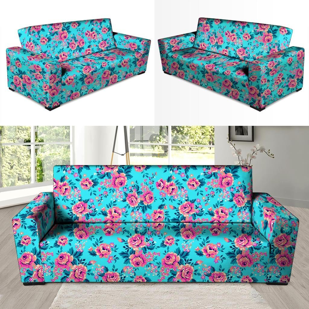 Pink And Blue Rose Floral Sofa Cover-grizzshop