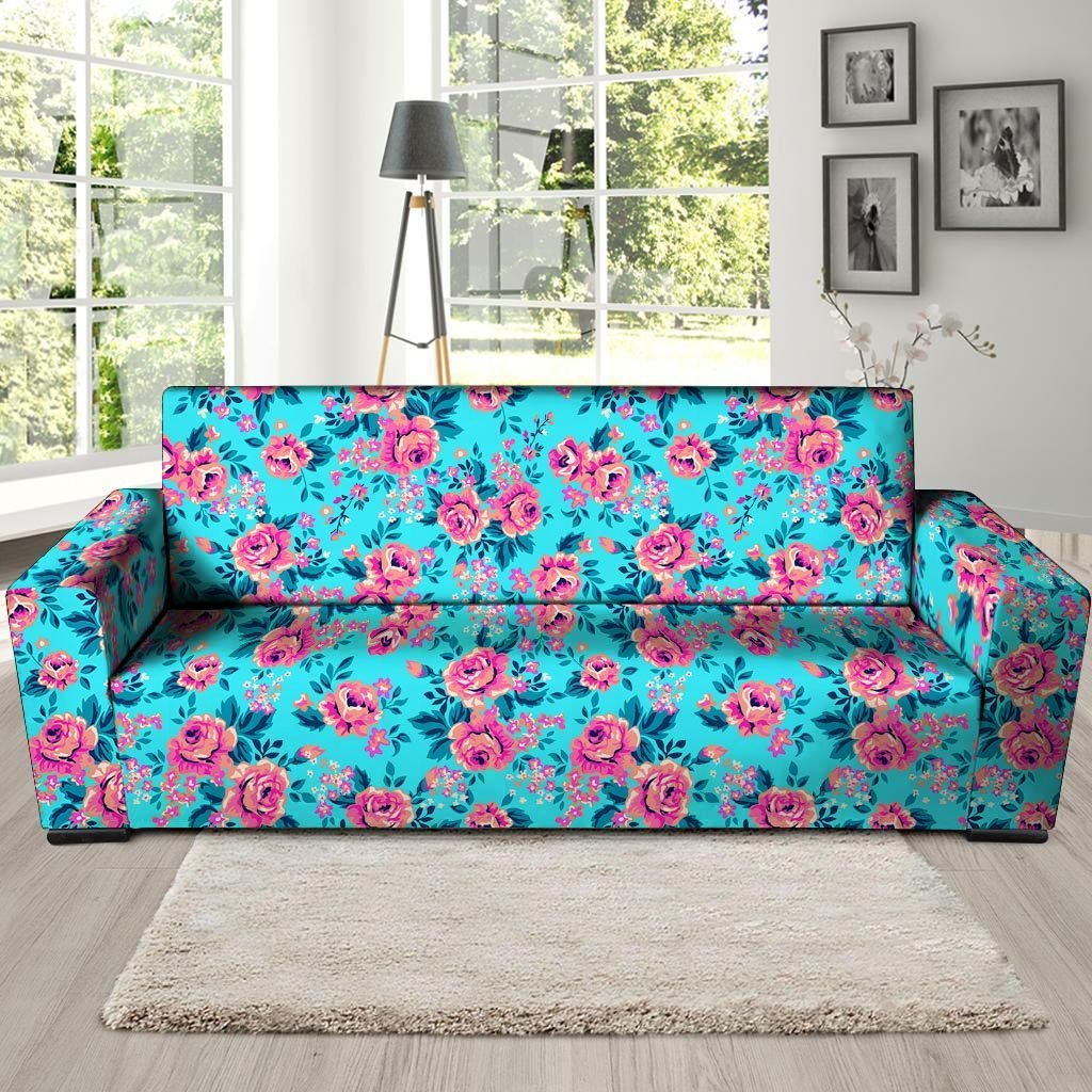 Pink And Blue Rose Floral Sofa Cover-grizzshop