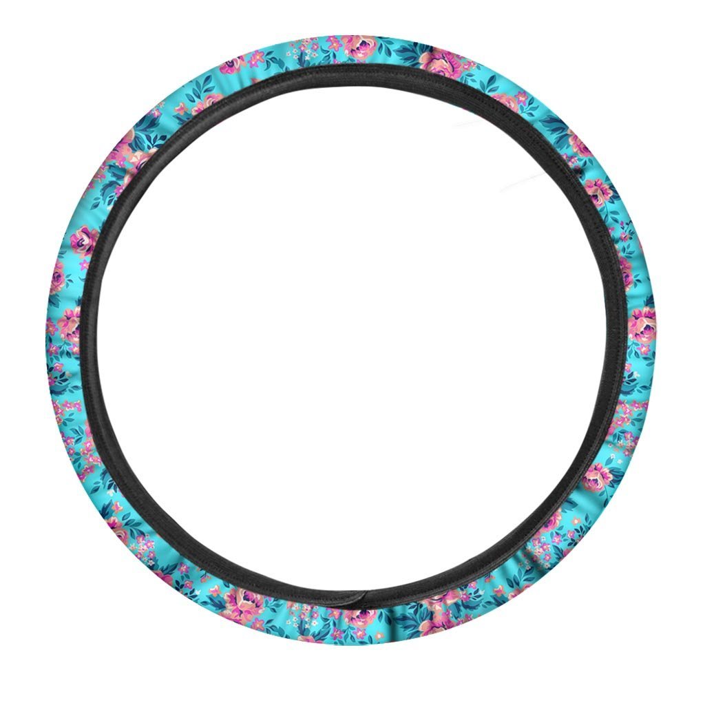 Pink And Blue Rose Floral Steering Wheel Cover-grizzshop