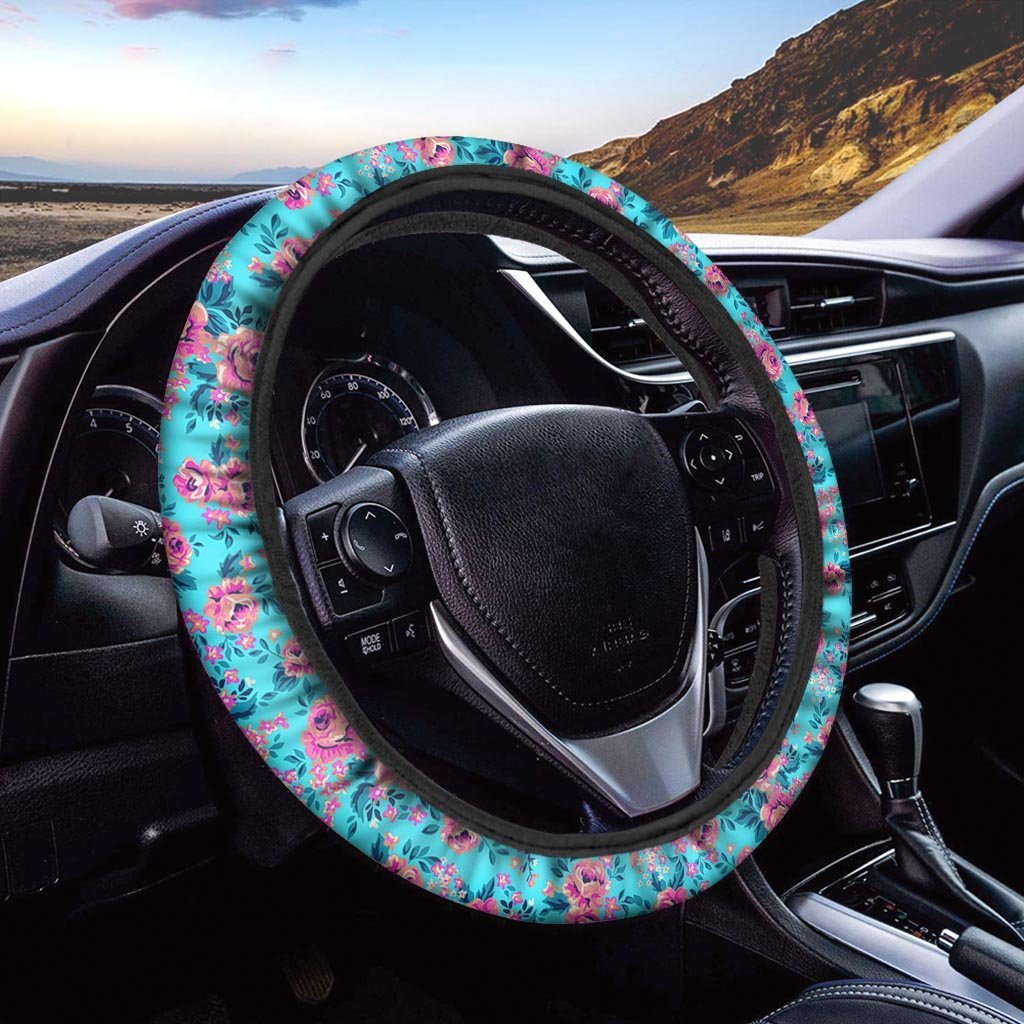 Pink And Blue Rose Floral Steering Wheel Cover-grizzshop