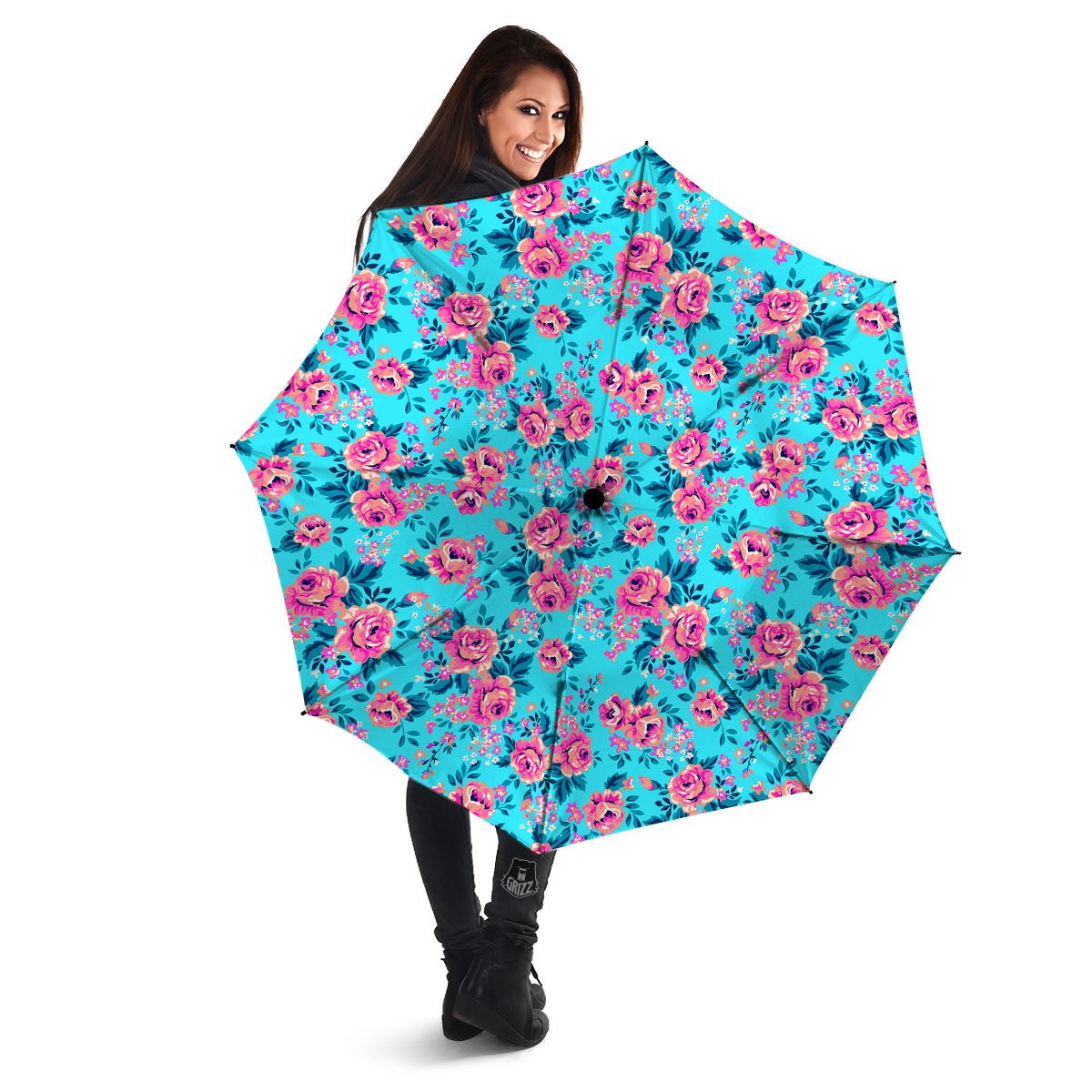 Pink And Blue Rose Floral Umbrella-grizzshop