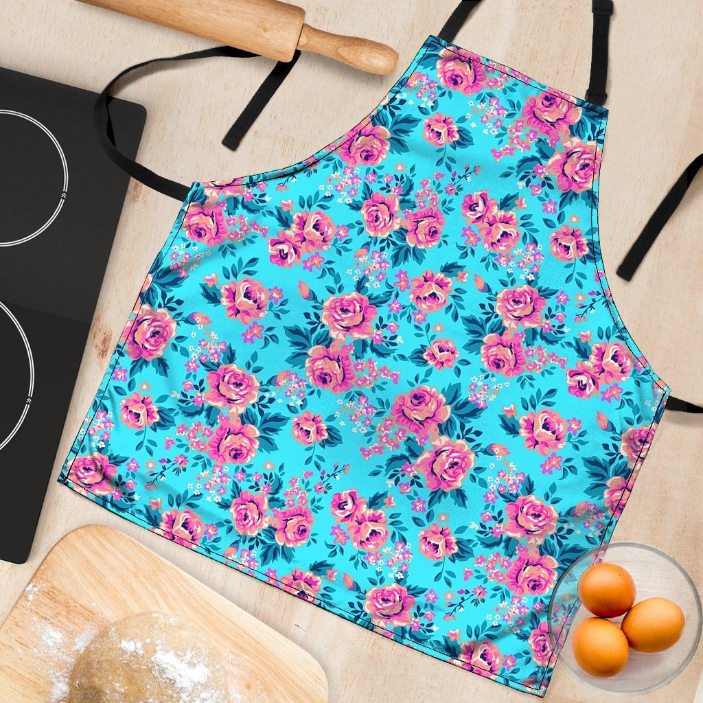 Pink And Blue Rose Floral Women's Apron-grizzshop