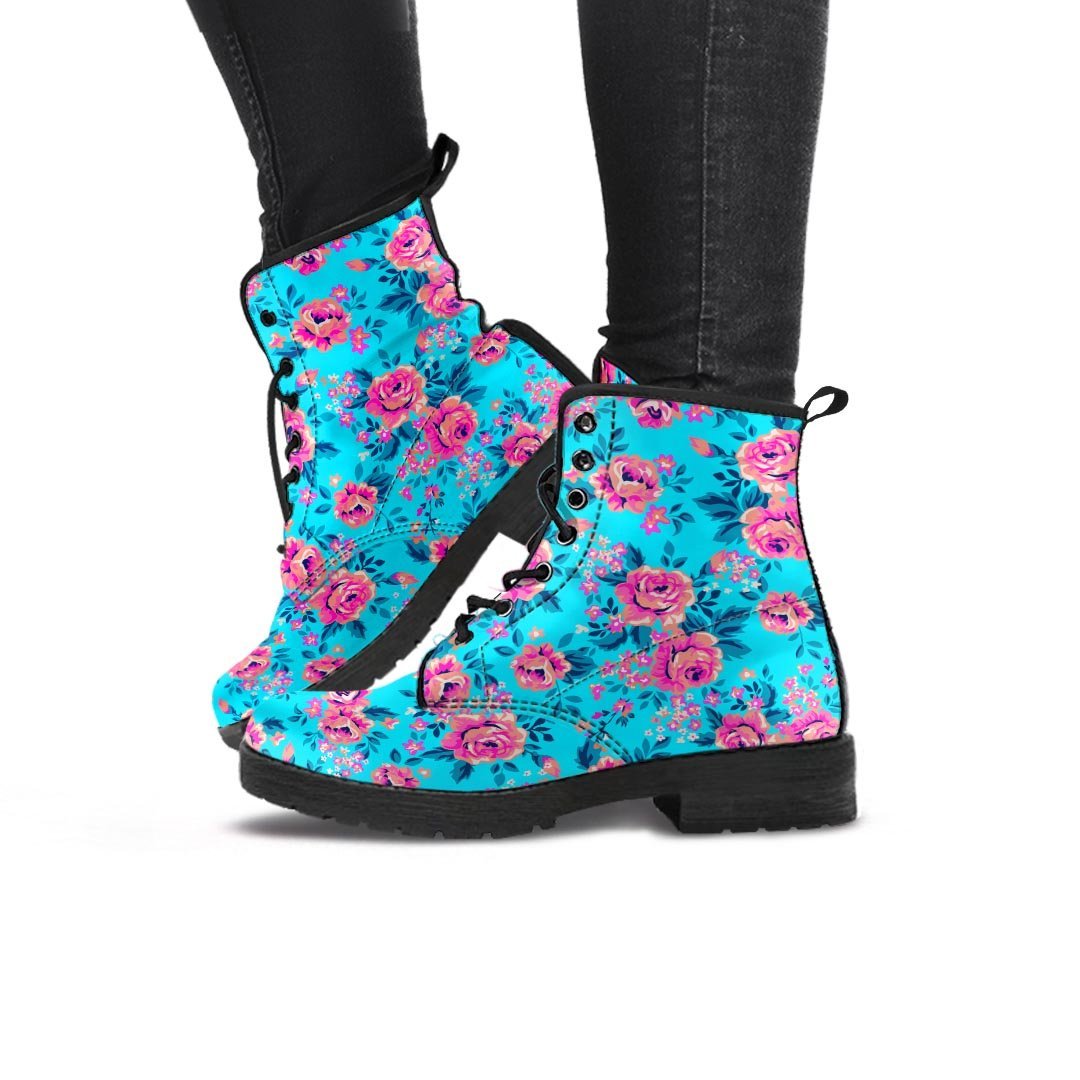 Pink And Blue Rose Floral Women's Boots-grizzshop