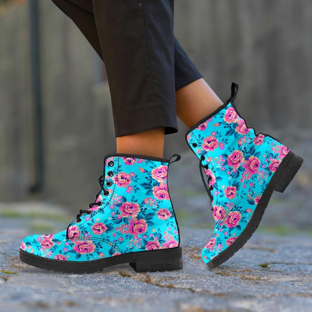 Pink And Blue Rose Floral Women's Boots-grizzshop