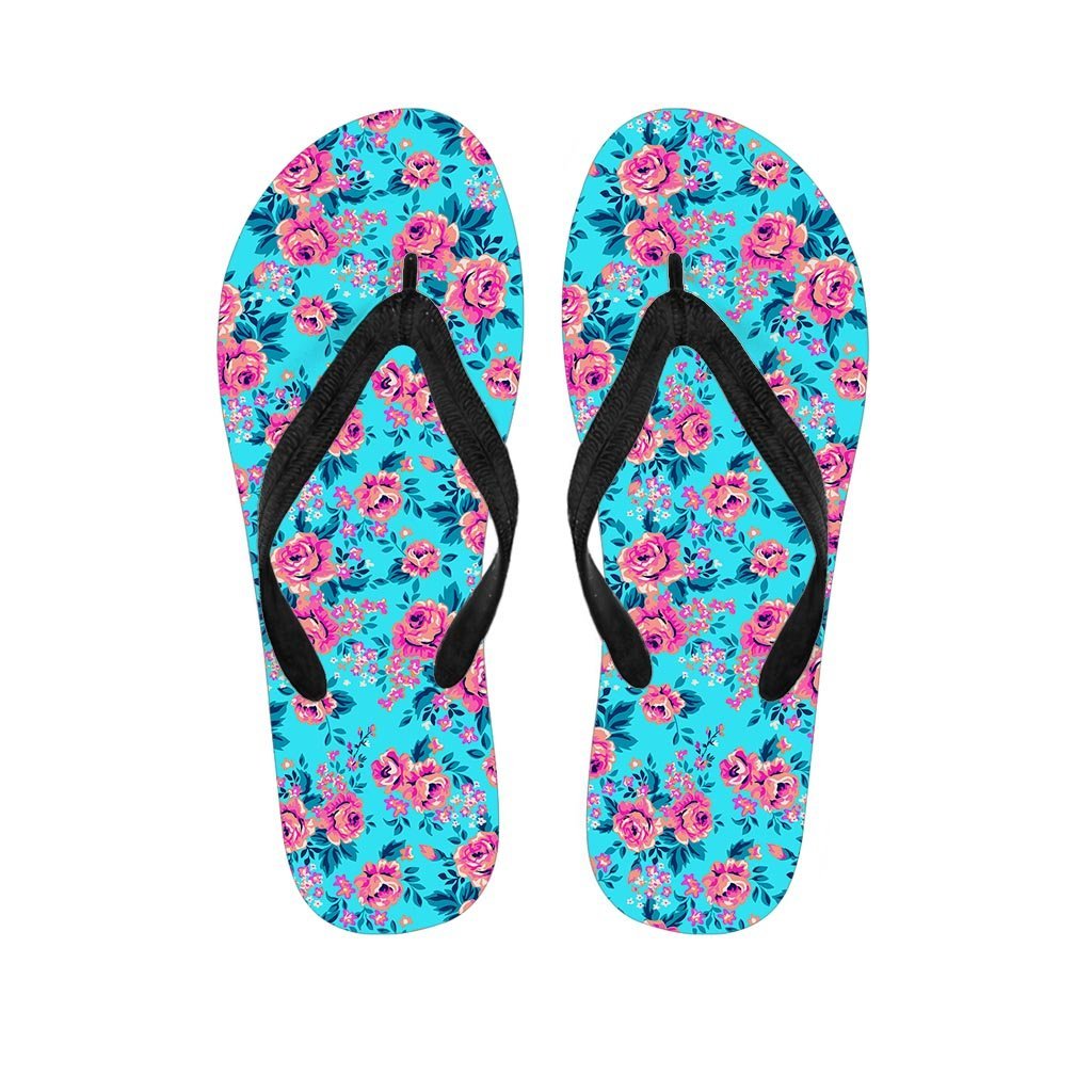 Pink And Blue Rose Floral Women's Flip Flops-grizzshop