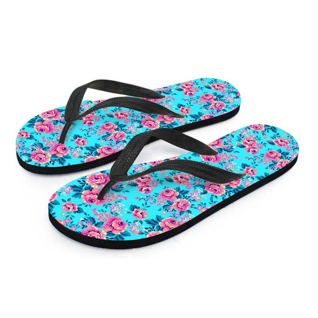 Pink And Blue Rose Floral Women's Flip Flops-grizzshop