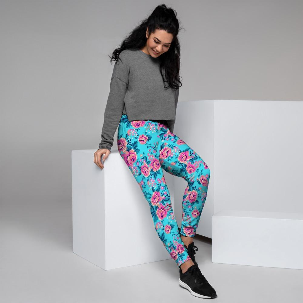 Pink And Blue Rose Floral Women's Joggers-grizzshop