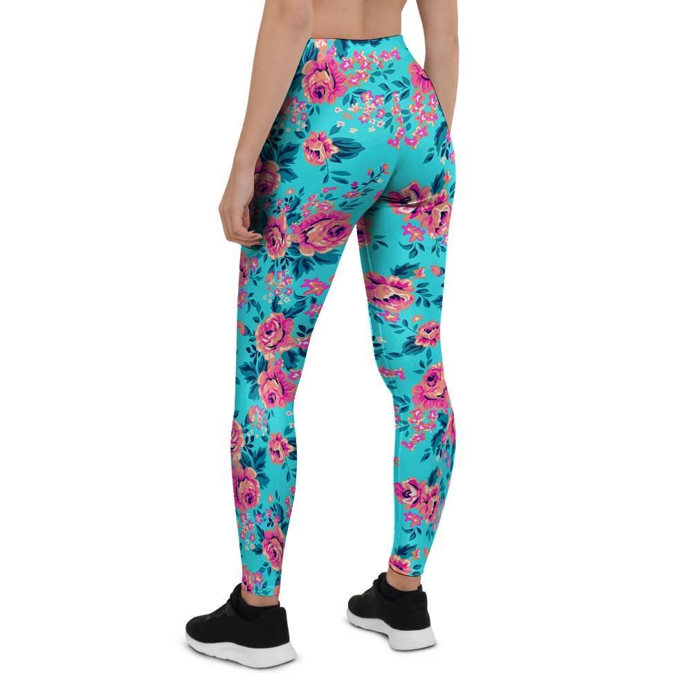 Pink And Blue Rose Floral Women's Leggings-grizzshop