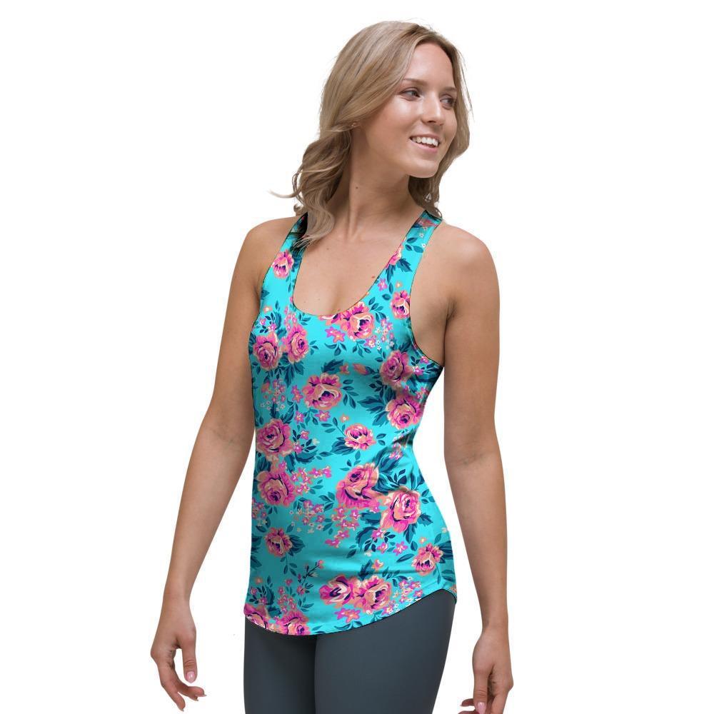 Pink And Blue Rose Floral Women's Racerback Tank Top-grizzshop