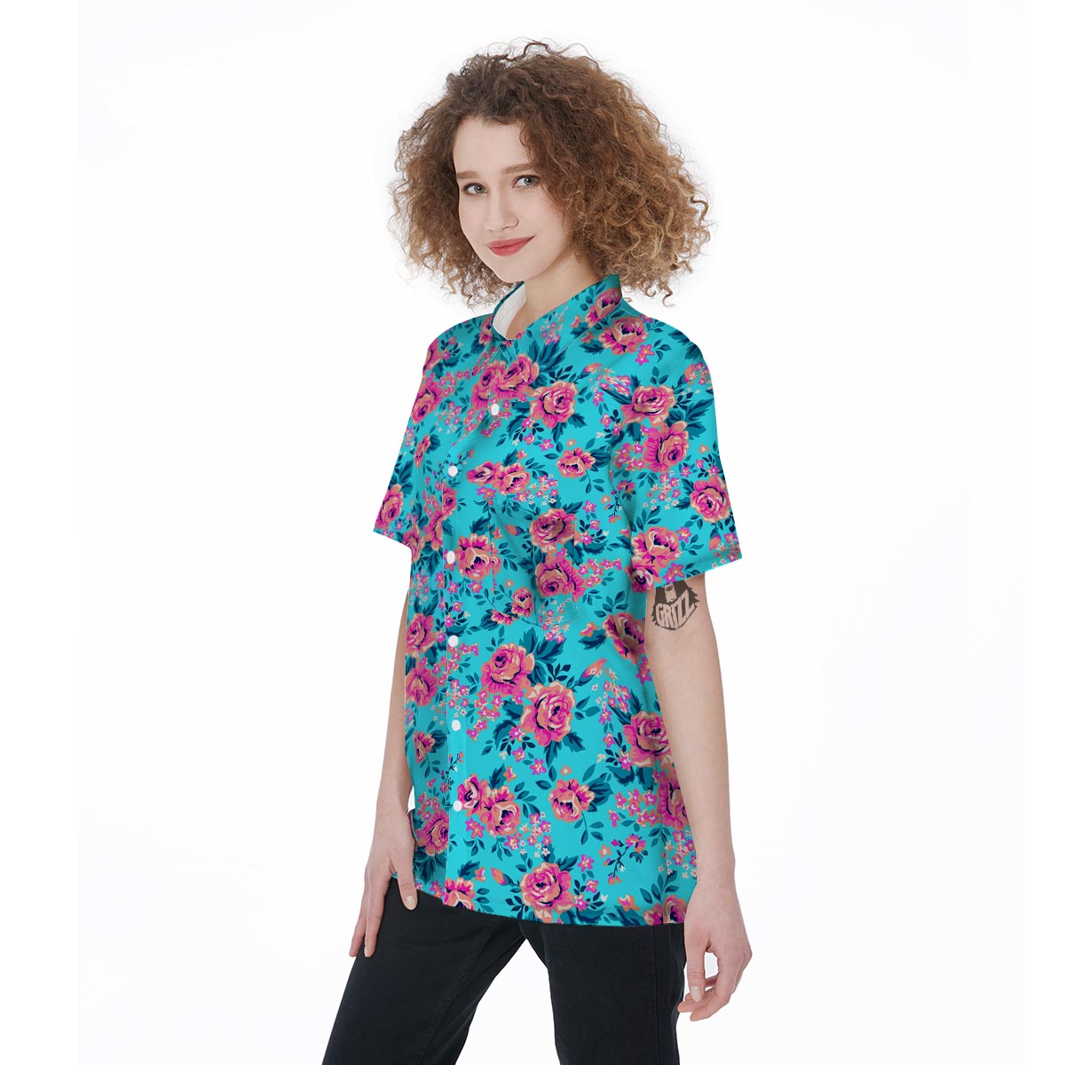Pink And Blue Rose Floral Women's Short Sleeve Shirts-grizzshop