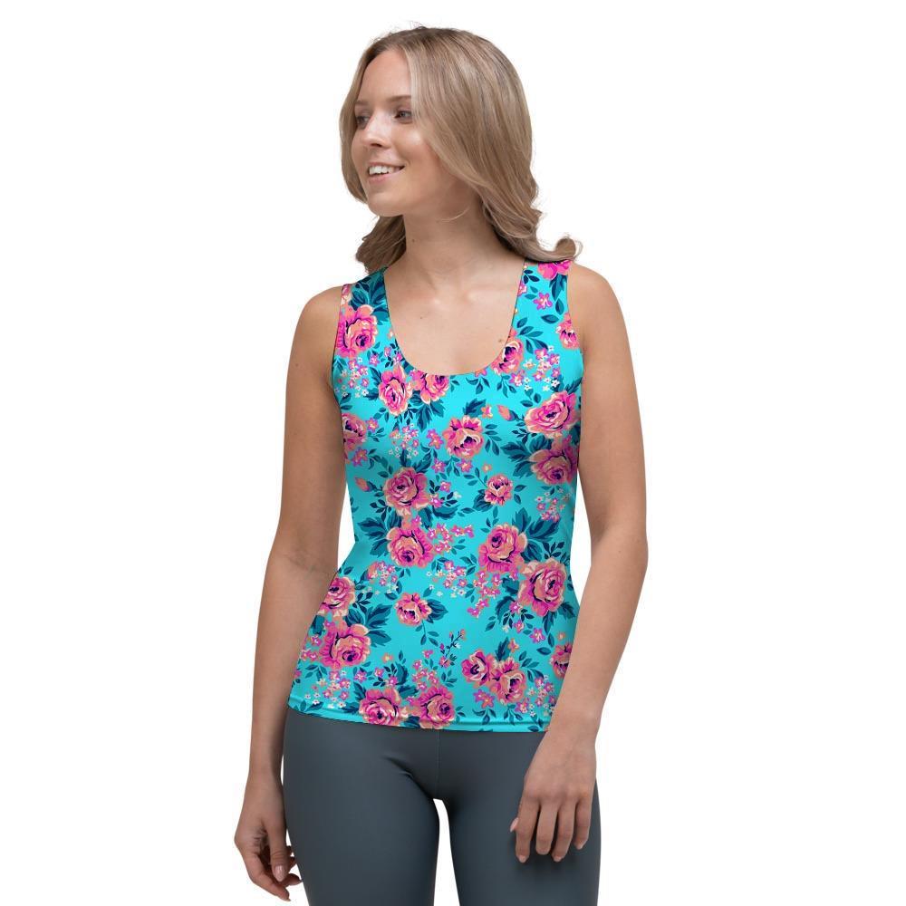Pink And Blue Rose Floral Women's Tank Top-grizzshop