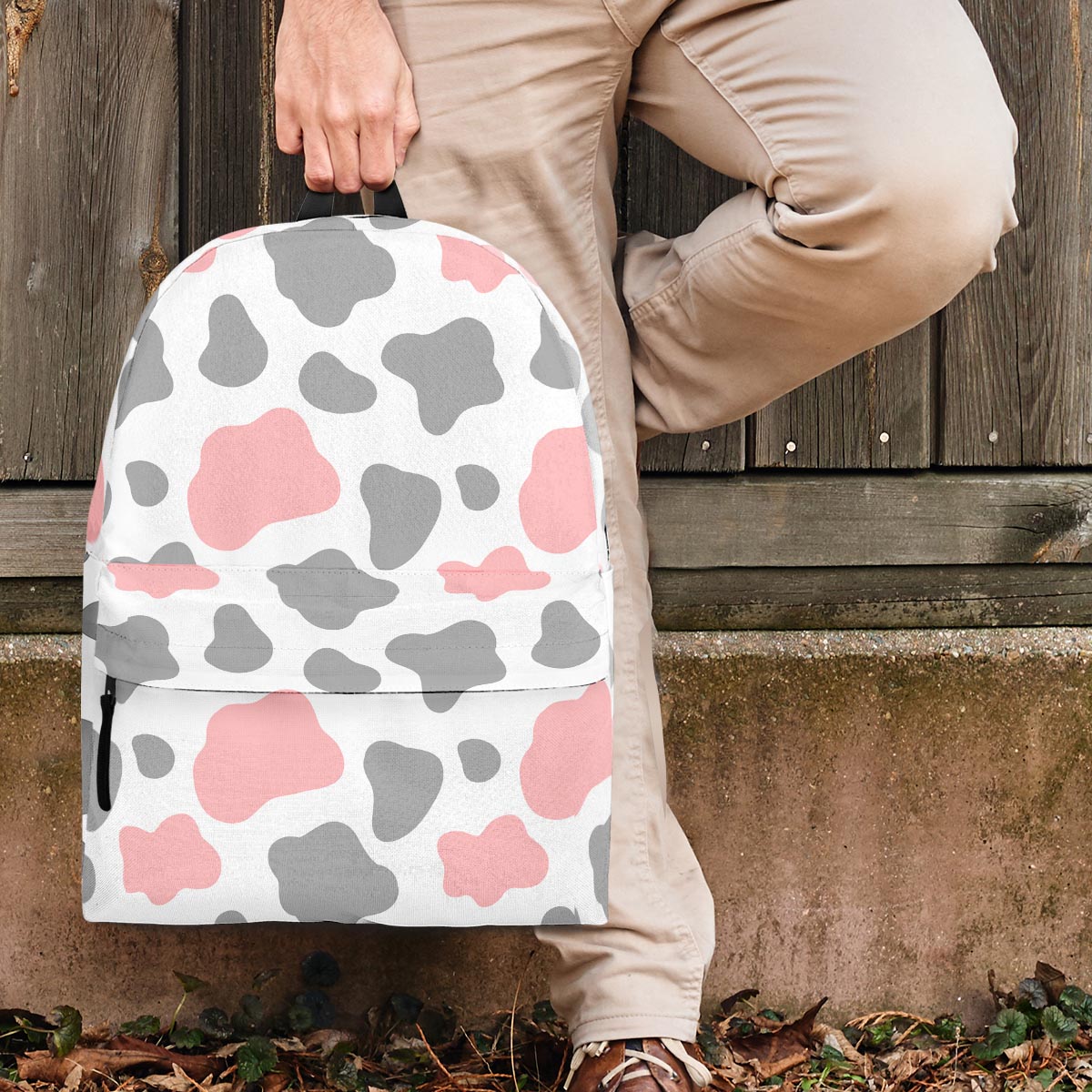 Pink And Grey Cow Print Backpack-grizzshop